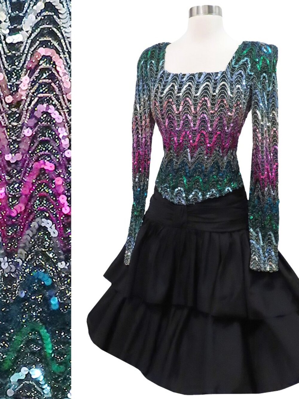 Vintage 80s Rainbow Sequins Metallic Long Sleeve Full Skirt Prom Party Dress M